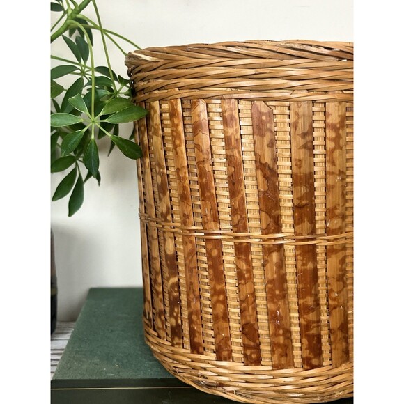 Other - Vintage Burnt Bamboo Wicker Waste Basket / Planter 8.25” x 8” Boho Chic